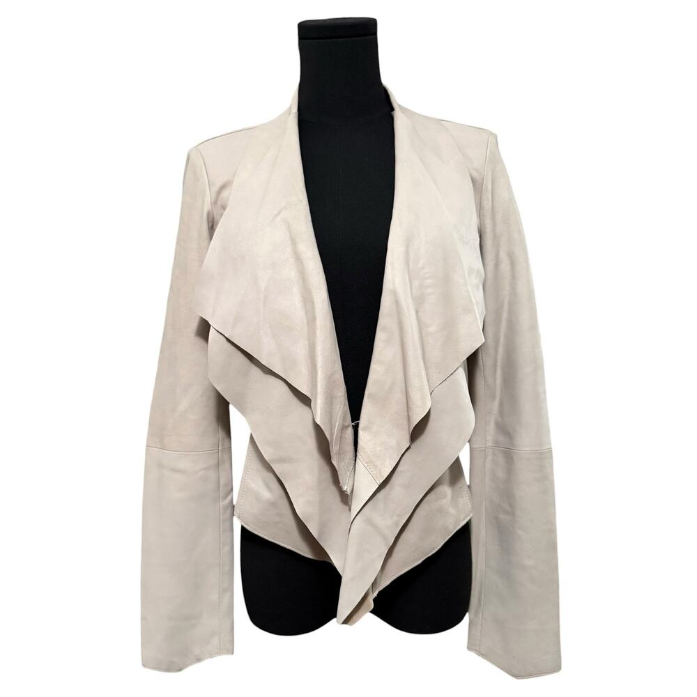 Lamarque Collection Leather Suede Blazer Jacket Cascading Draped Beige Size 4